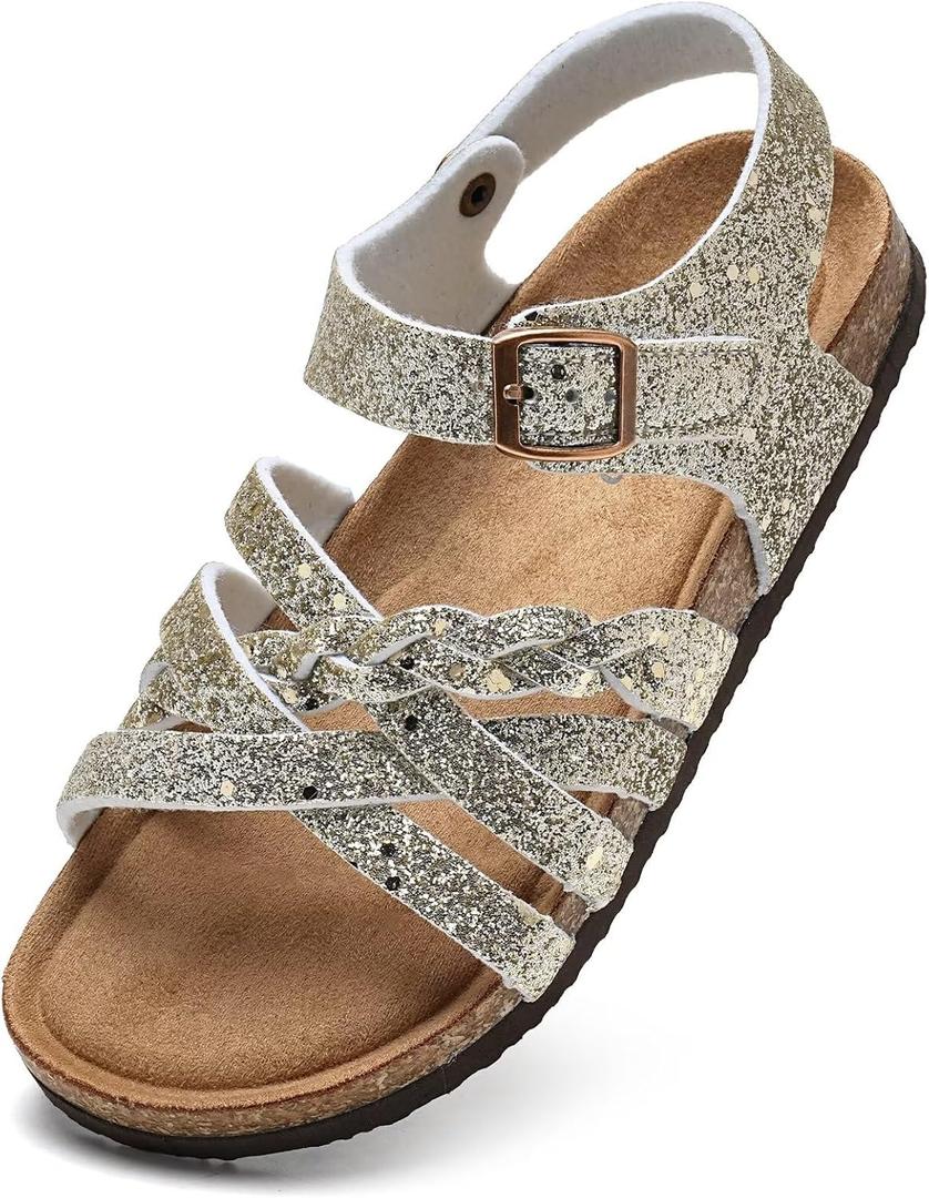 Torotto Girls Sandals with Cork Footbed Adjustable Buckle Casual Slides Sandals Open Toes Flat for Kids Toddler, Gold (5 Big Kid)