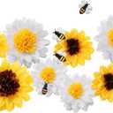 14 Pcs Sunflower Daisy Tissue Paper Pom Poms Flower Bee Cutout Decorations Yellow Brown White 12" 8" for Bee Day Party Birthday Bridal Wedding Classroom Craft Bulletin Board(Yellow,White)