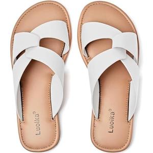 Luoika Women's Wide Width Flat Slides Sandals, Strapy Slide Sandal Slip on Dressy Summer Shoes for Women. 10