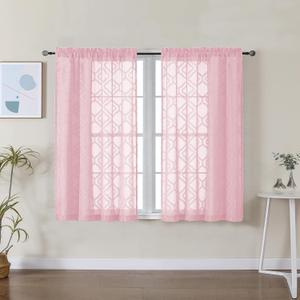 Lecloud Wasa Blush Pink Sheer Curtains, Voile Short Curtains with Jacquard Pattern, Light Filtering Window Curtains for Kitchen Bedroom 45 Inch Length 2 Panels Set, 42 W x 45 L