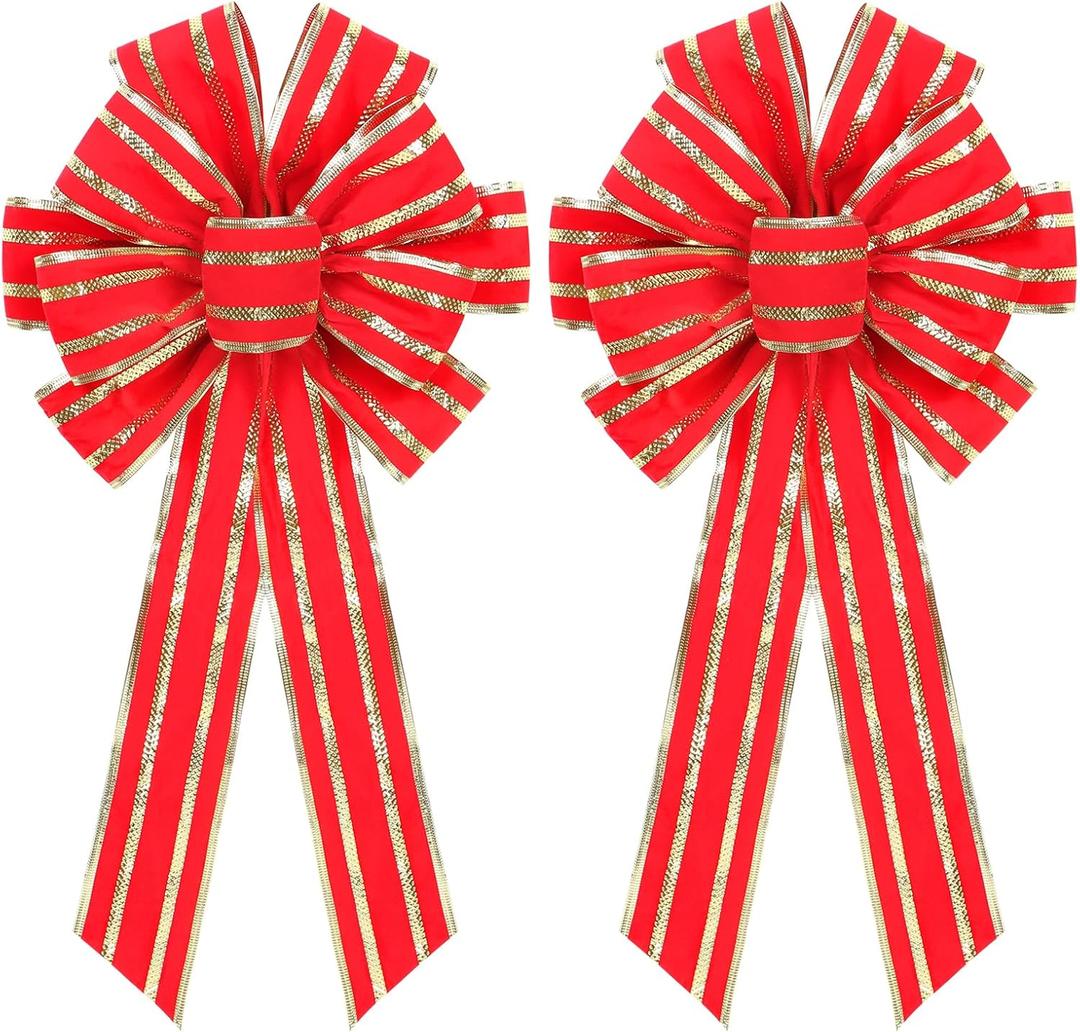 RoseCraft 2PCS Red/Gold Christmas Bow, 9x13 Large Velvet Christmas Tree Topper Bow Ornaments for Home Xmas Tree Wreath Fence Stairs Railing Fireplace Front Door Party Valentine's Day Decoration.