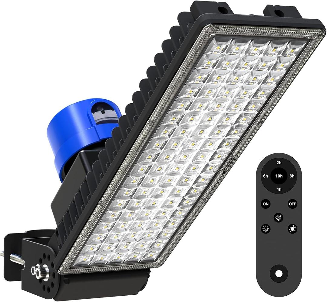 Kekeou 100W Dusk to Dawn LED Flood Light with Remote, 6500K Security Lights | 14000LM, IP67 Waterproof & Rugged, Timer, 10KV Surge, Flicker-free, 240 Adjustable Mount for Yard, 100W-Arm