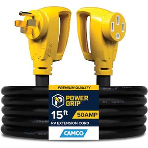 Camco Power Grip 15-Ft 50-Amp Camper/RV Extension Cord - Male to Female (NEMA 14-50P to 14-50R) - Rated for 125-250V/12500W - Features Heavy Duty Copper Wire & Weather Resistant PVC (55194)