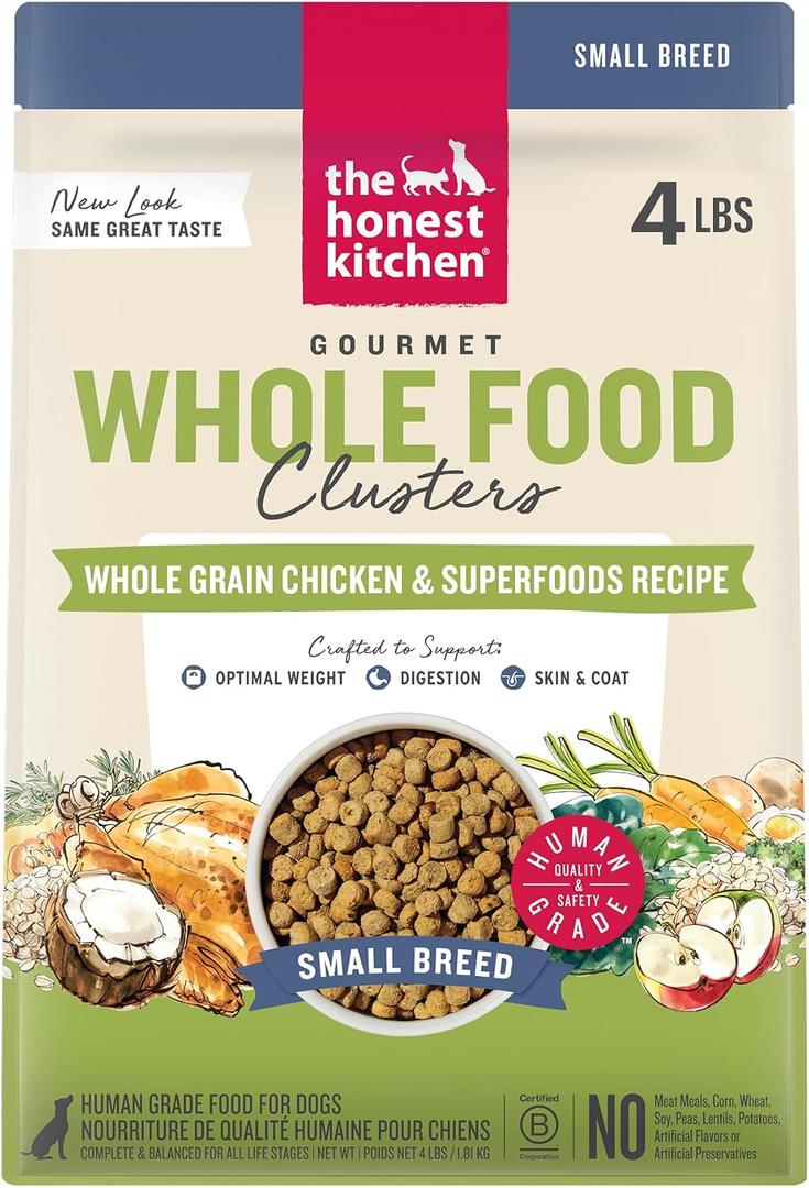 The Honest Kitchen Whole Grain Chicken & Superfoods Whole Food Clusters, Vet Crafted Human Grade Dry Dog Food for Small Breeds, Skin, Coat, Digestion & Healthy Weight, 4 lb Bag (EXP 01/07/28)