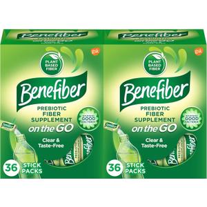 Benefiber On The Go Prebiotic Fiber Supplement Powder for Digestive Health, Daily Powder, Unflavored Stick Packs - 36 Sticks (Pack of 2)