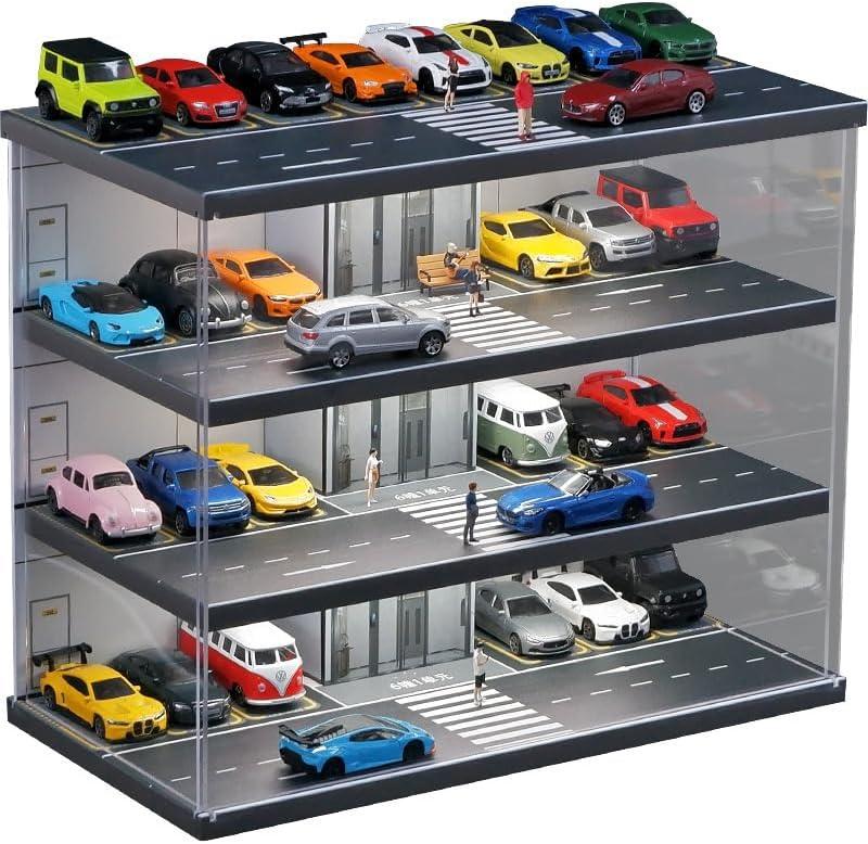 Hot Diecast Wheels Display Case,1/64 die-cast car Display case, Scene Display Box with Light, Alloy car Model dust Storage Cabinet. (4 Levels, 26 Spaces)