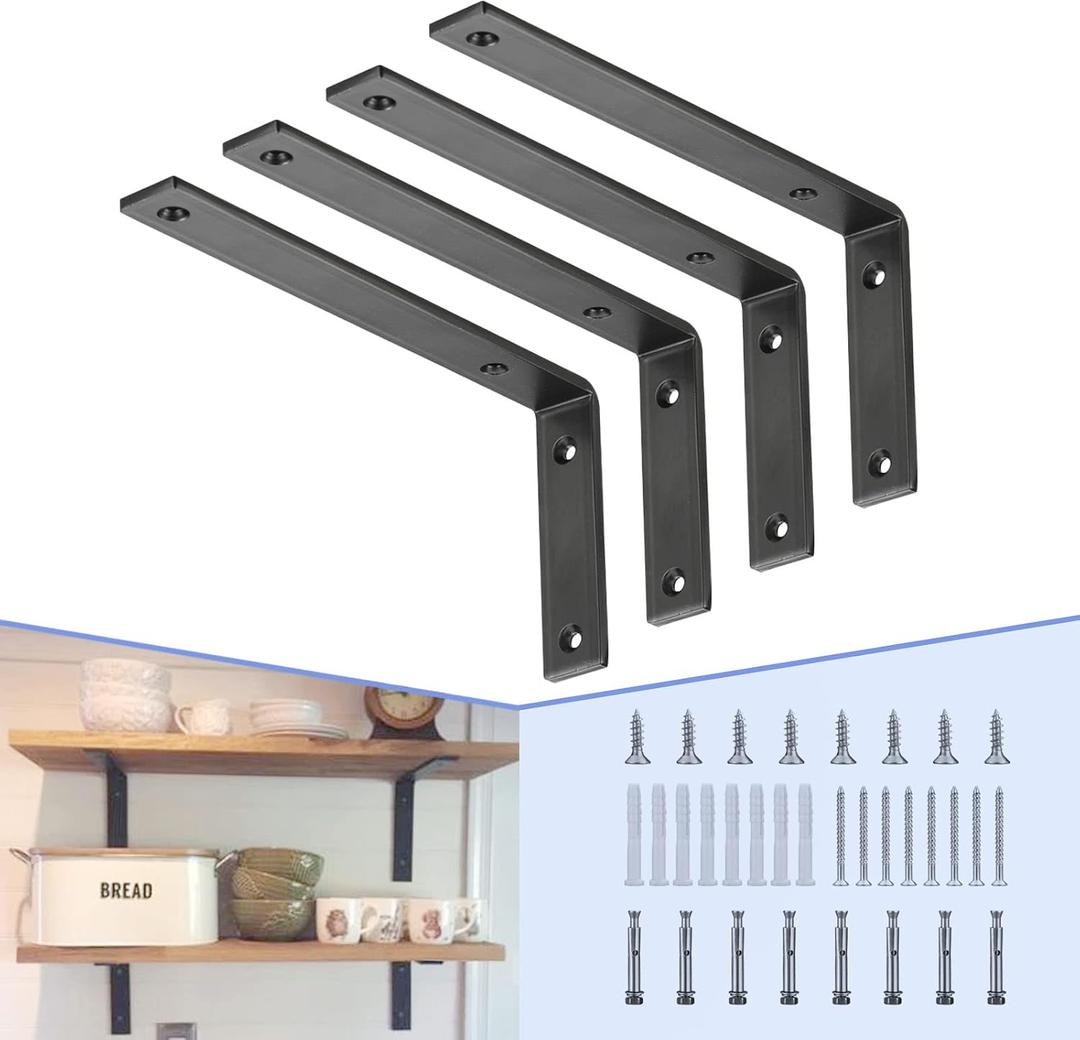 CLT Black Shelf Bracket, 12 X 5 Quarter Inch (1/4") Thick- Max Load: 440 lb Rustic Industrial Modern Farmhouse Heavy Duty Cold Rolled Steel Bracket for Table Bench, Space Saving DIY, Pack of 4