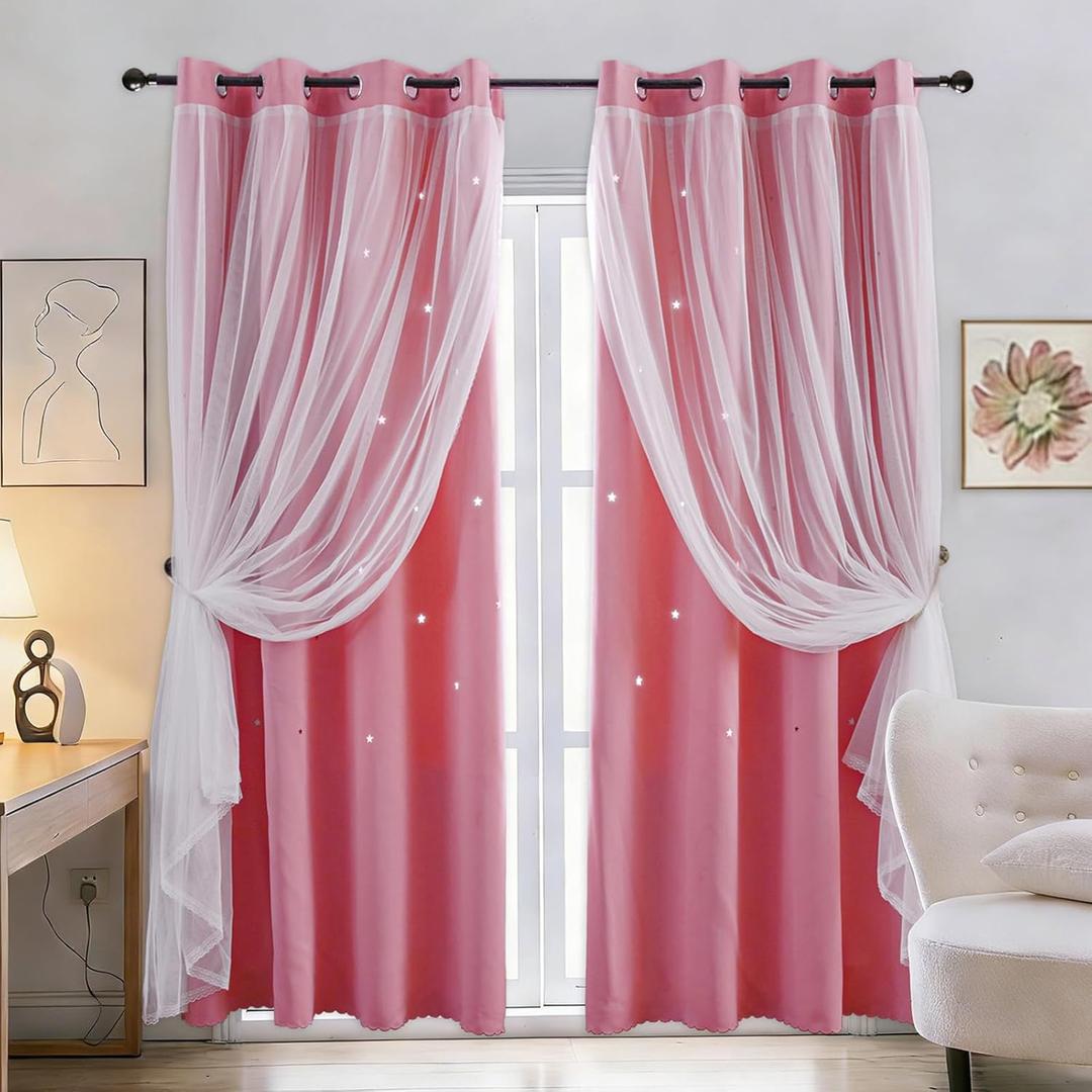 Dreamy Star Cutout Blackout Curtains with White Sheer,Double Layer Curtains for Girls Bedroom, Hollow Out Drapes for Nursery (2 Panel,52Wx72L,Pink)