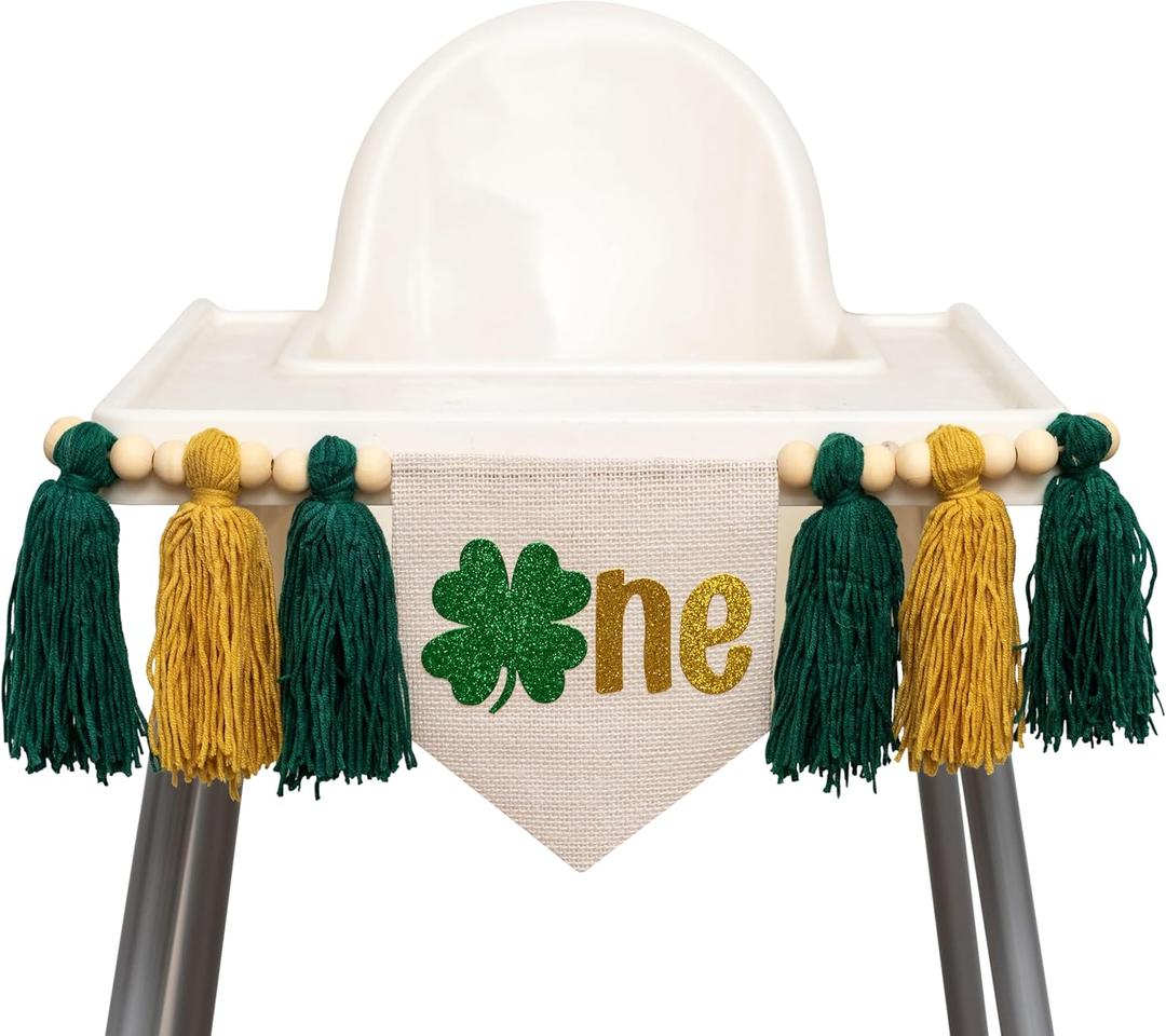 Lucky One High Chair Banner - St Patricks Day Birthday Highchair Banner, Clover Shamrock Tassel Banner for First Birthday Decoration, Party, Anniversary, Cake Smash, Photo Prop...