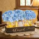 Farmhouse Mason Jar Table Centerpiece with Blue Hydrangea Flowers, Lighted Artificial Floral Arrangement with Wood Tray, Rustic Table Decor for Kitchen Coffee Table Living Room Home