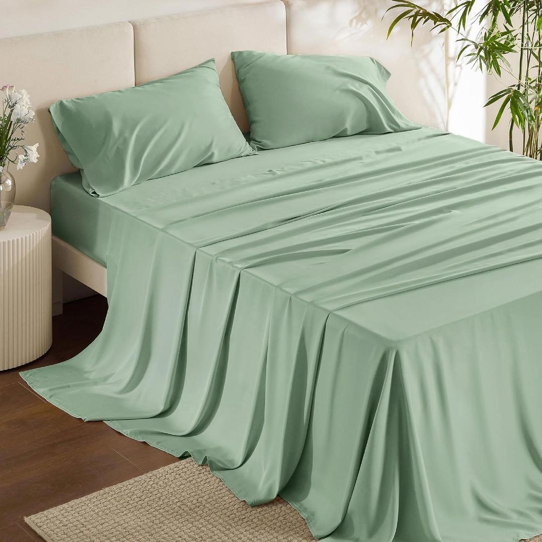 Bedsure Queen Sheet Set, Rayon Derived from Bamboo, Cooling Sheets, PureWoven, Breathable & Soft, Deep Pocket Up to 16 Inches, Hotel Luxury Silky Bedding for Hot Sleepers, Sage Green