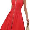 GRAPENT Linen Dresses for Women Summer Casual Flowy V Neck Sleeveless Smocked Zip Beach Vacation Midi Dress with Pockets, Size S