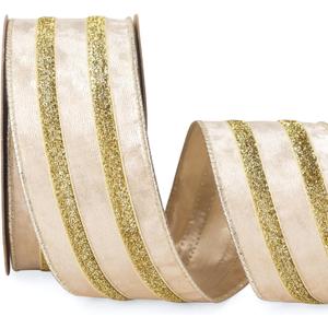 Ribbli Light Champagne Velvet Wired Ribbon with Gold Sparkling Stripe 2.5 Inch Christmas Ribbon for Tree Gift Wrapping Wreaths Garland Topper Bows Crafts Home Decor -10 Yards