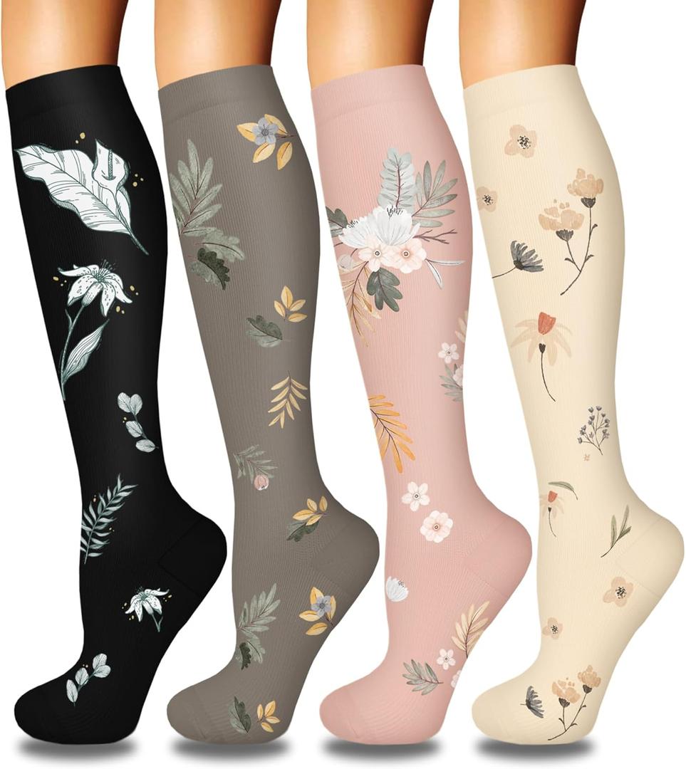 Iseasoo 4 Pairs Compression Socks for Women Circulation-Best Support for Nurses,Running,Athletic,Travel (Small-Medium, 09-black/grey/pink/beige)