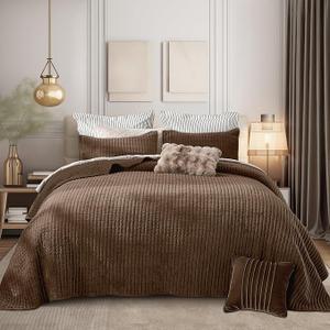 SHALALA Velvet Quilt King Size, Vertical Striped Bedding Set, Lightweight Velvet Comforter, Luxurious Cozy Bedspread and Coverlet with Soft Brushed Microfiber (Cocoa Brown, King)