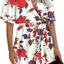 AIMCOO Women's Summer Deep V-Neck Floral Print Romper Ruffle Hem Half Flared Sleeve Jumpsuits Waist Tie Casual Short Romper (Large, White)