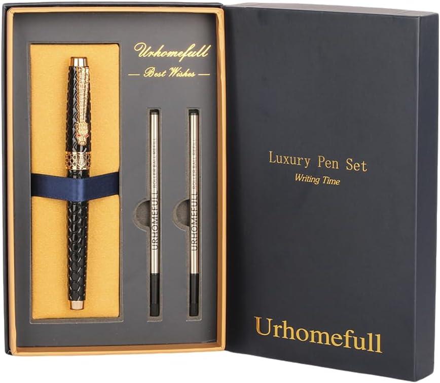 Stunning Luxury Rollerball Pen with 24K Gold Trim,Switzerland Tip with Black Ink Refills, Perfect Roller Ponit Pen Gift Set for Men Women, Fancy Writing Set for Business,Black