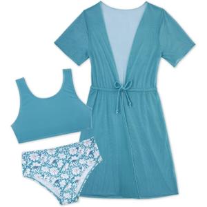 Enlifety 5-16T Girls 3 Piece Bikini Swimsuit Quick Dry Bathing Suit with Kimono Cover Up (11-12 Years, Green Daisy)