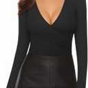 MANGOPOP Women's Cross Wrap Ruched Plunge Sexy Deep V Neck Slim Fit Long Sleeve Fleece Lined T Shirt Tunic Tops Tee (Medium, 01 Black)