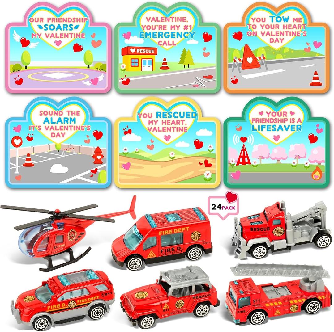 SpringFlower 24 Packs Kids Valentines Day Cards, Valentines Greeting Cards With Fire Rescue Vehicles Car Toys for Classroom Exchange Valentine Party Favor Prize Gifts for Boys Girls