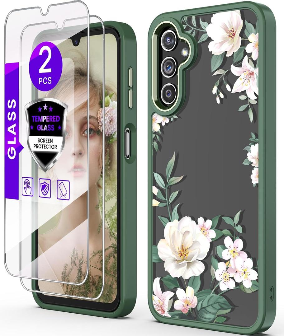 for Samsung Galaxy A14 5G Case with Tempered Glass Screen Protector [2 Pack],[Military Grade Protective] Slim Soft TPU & Hard PC,Girls Women Crystal Clear Flower Pattern Cases (Magnolia)