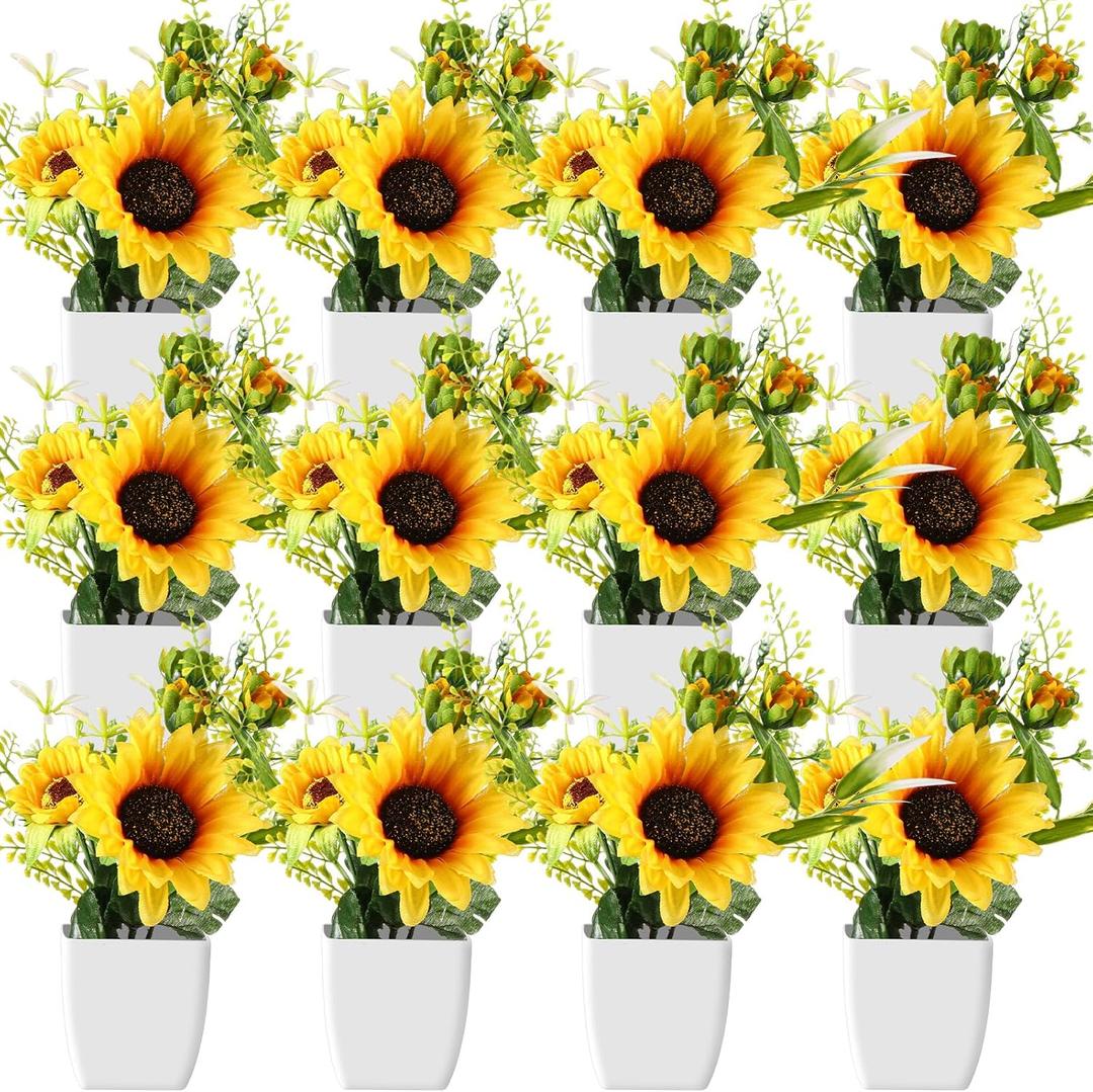 12 Pcs Small Fake Plants Artificial Potted Plants Aesthetic Eucalyptus Greenery Decor Kitchen Table Centerpieces for Summer Fall Home Bathroom Rustic Wedding Party (Sunflower Style)