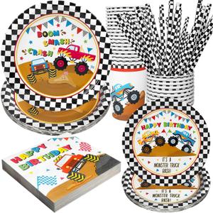 Recheel Monster Truck Party Supplies Decorations, Kids Birthday Paper Plates and Napkins Set with Cups and Straws for 24 Guests, 120 Pcs Disposable Party Dessert Dinnerwares