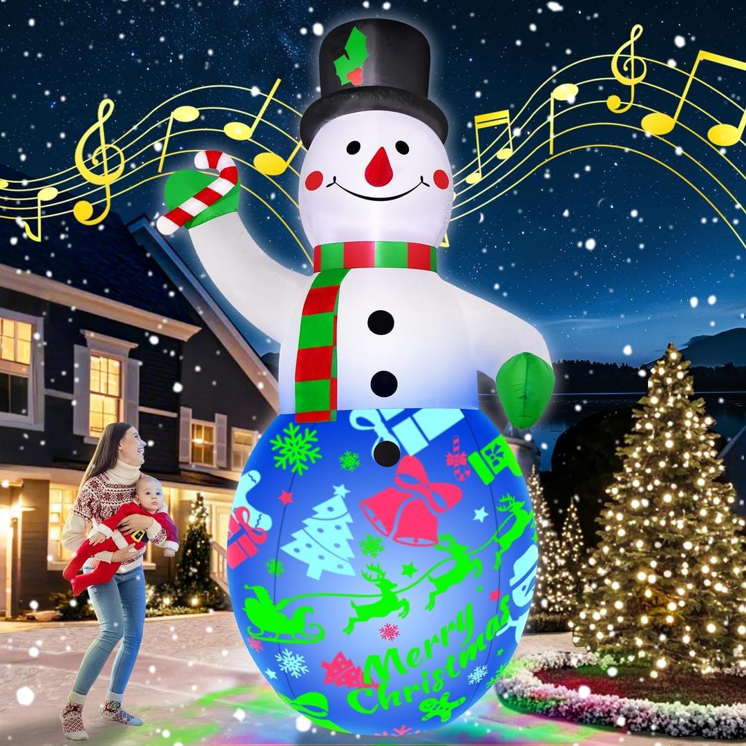12FT Giant Christmas Inflatables Decorations Snowman Built-in Music & 360 Rotation 3-Color LED Lights, Huge Christmas Blow Up Yard Decoration Outdoor for Xmas Garden New Year