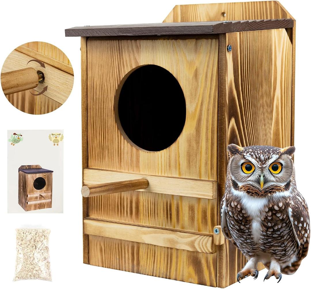 8'' x 13'' Owl House for Outdoor, Screech Owl House, Bird Box Large Handmade Wooden Circular Opening Screech Box for Outside with Mounting Screws and A Bag of Wood Shavings
