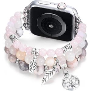 MOFREE Beaded Bracelet Compatible with Apple Watch Band 38mm 40mm 41mm Women, Fashion Handmade Crystal Stone Beads Elastic Stretchy Strap for iWatch Band Series SE 9 8 7 6 5 4 3 2 1 (Peach pink)