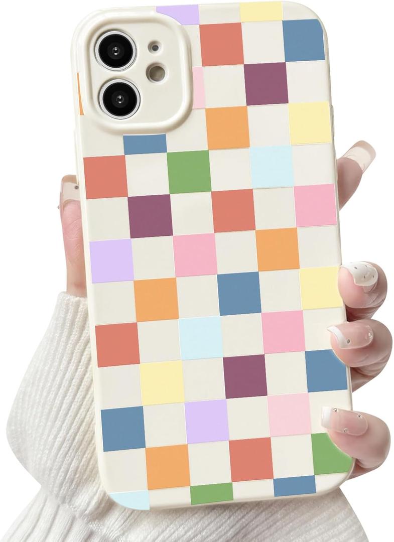 NITITOP Compatible with iPhone 11 Case Cute Aesthetic Checkerboard Checkered Pattern for Women Girl Trendy Slim Fit TPU Silicone Shockproof Full Camera Protection Cover - Colorful