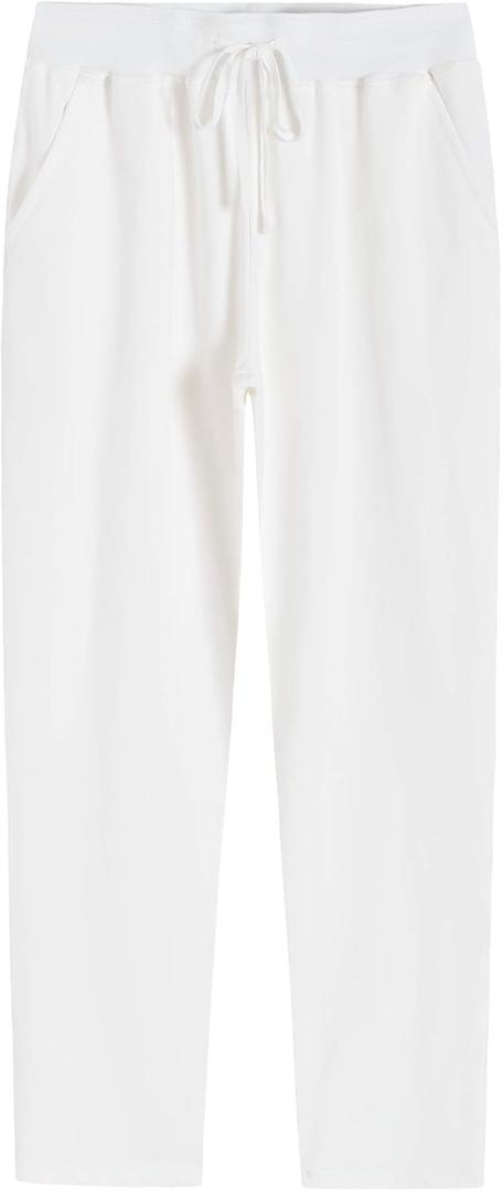 Weintee Women's Cotton Sweatpants with Pockets (Large Petite, White)
