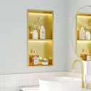 2-Tiers 12x24 Shower Niche with LED Light Strips, Golden Recessed wall Cabinet, Stainless Steel wall Niche for Shower wall, Waterproof NO Tile Needed Storage Organizer (3000K LED Light), 12x24In
