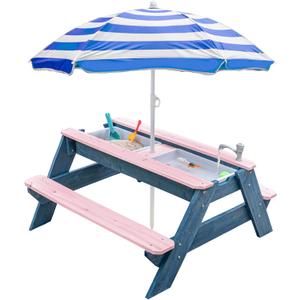 Kids 3-in-1 Sand & Water Table, Wood Outdoor Convertible Picnic Table w/Umbrella, 2 Trays, Removable Top with Faucet, Picnic Table for Outdoor (Pink/Navy)
