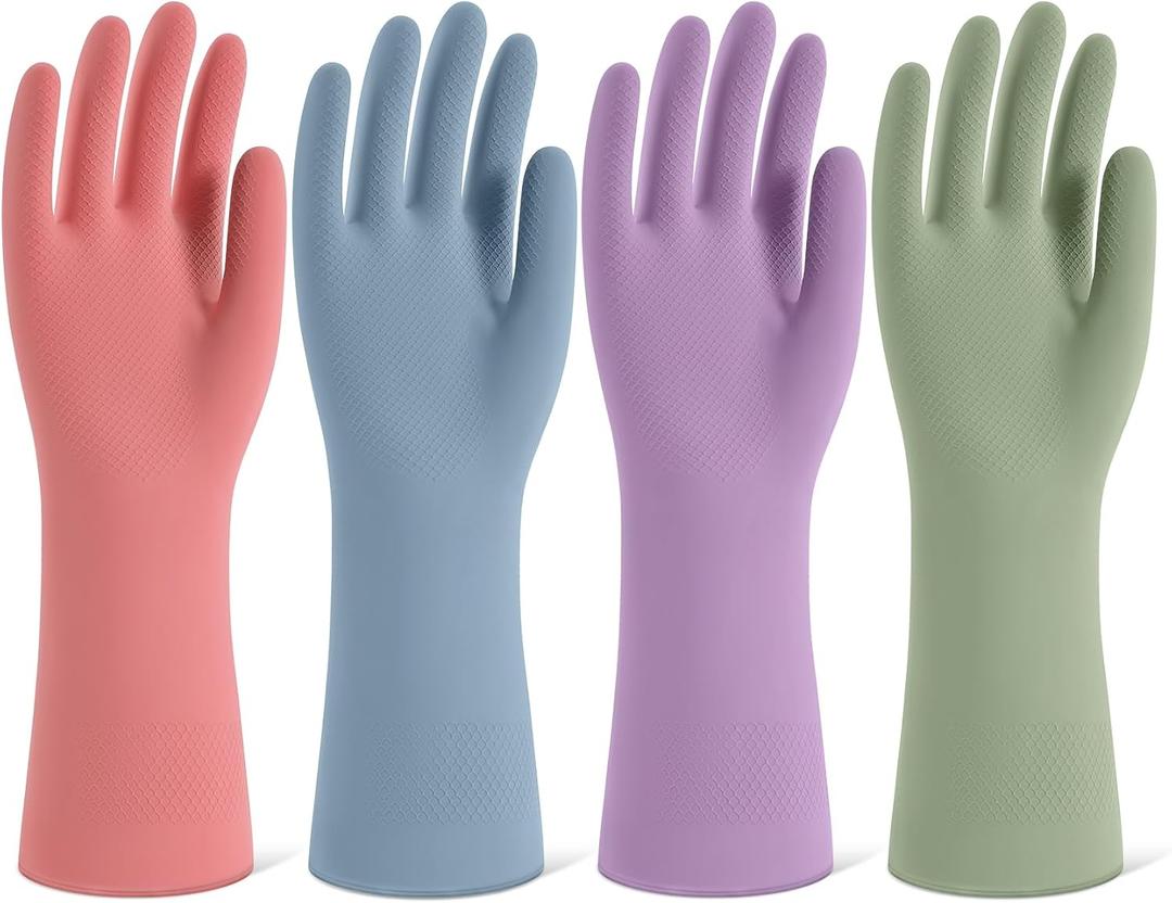 Rubber Cleaning Gloves for Dishwashing, 4 Pairs Reusable Kitchen Gloves for Washing Dishes and Household Cleaning, Colorful Dish Gloves with Flocked Lining and Non-Slip Grip, Pefect for Woman Men - S, Small