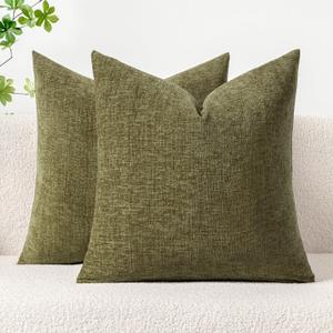 MIULEE Pack of 2 Couch Throw Pillow Covers 20x20 Inch Soft Olive Green Chenille Pillow Covers for Sofa Living Room Solid Dyed Pillow Cases
