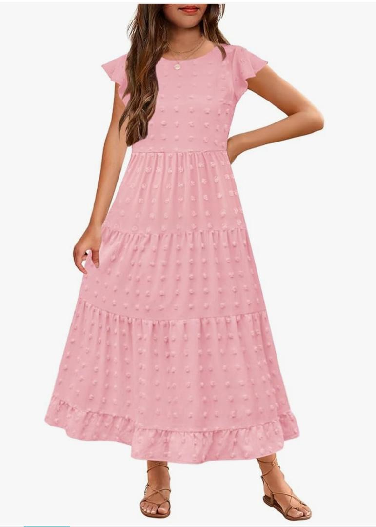 HOSIKA Girls Maxi Dress Ruffle Sleeve Swiss Dot A Line Tiered Flowy Casual Party Dresses with Pockets for 9-10 Y Apricot