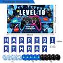Video Game 10th Birthday Decorations for Boys, Blue Level 10 Party Decor Kits for Boy, 10 Years Old Game Supplies - Backdrop Honeycomb balls Hanging Swirls Centerpieces Balloons Tablecloth Cake topper