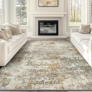 Modern Abstract 9x12 Area Rug, Non-Slip Washable Carpet for Living, Bedroom & Dining Room, Soft Faux Wool Rugs for Hardwood Floors, Brown