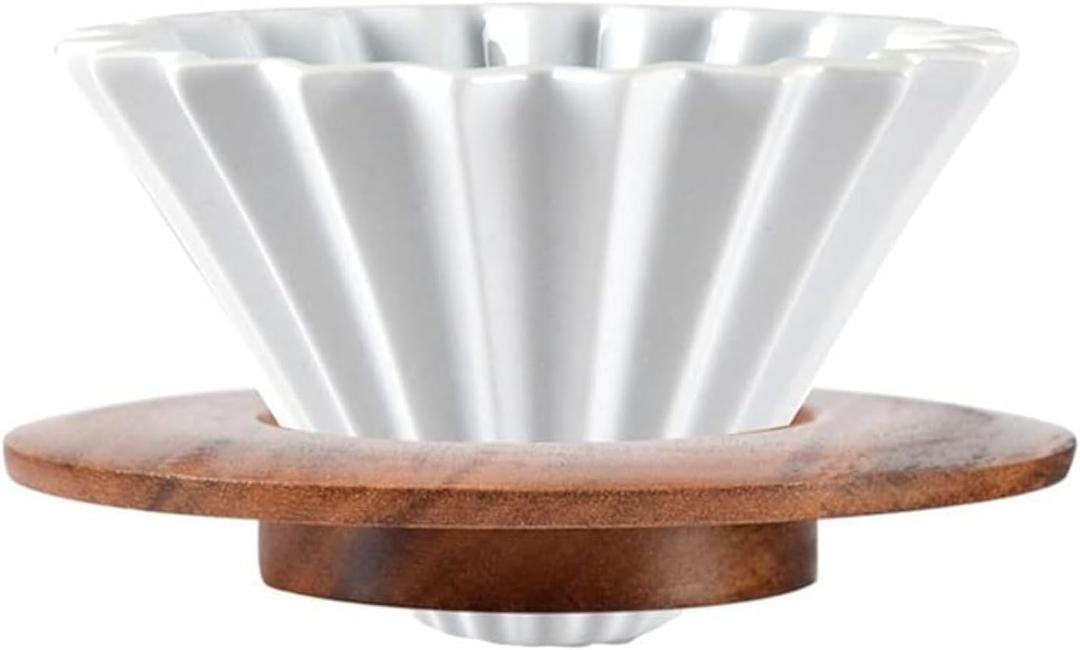 Ceramic Coffee Dripper Pour Over Coffee Maker with Wood Stand Elegant Flower Shape Filter (white)