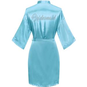 Women's Satin Robe Short Kimono for Bride & Bridesmaid with Silver Rhinestones, Wedding Party Robes
