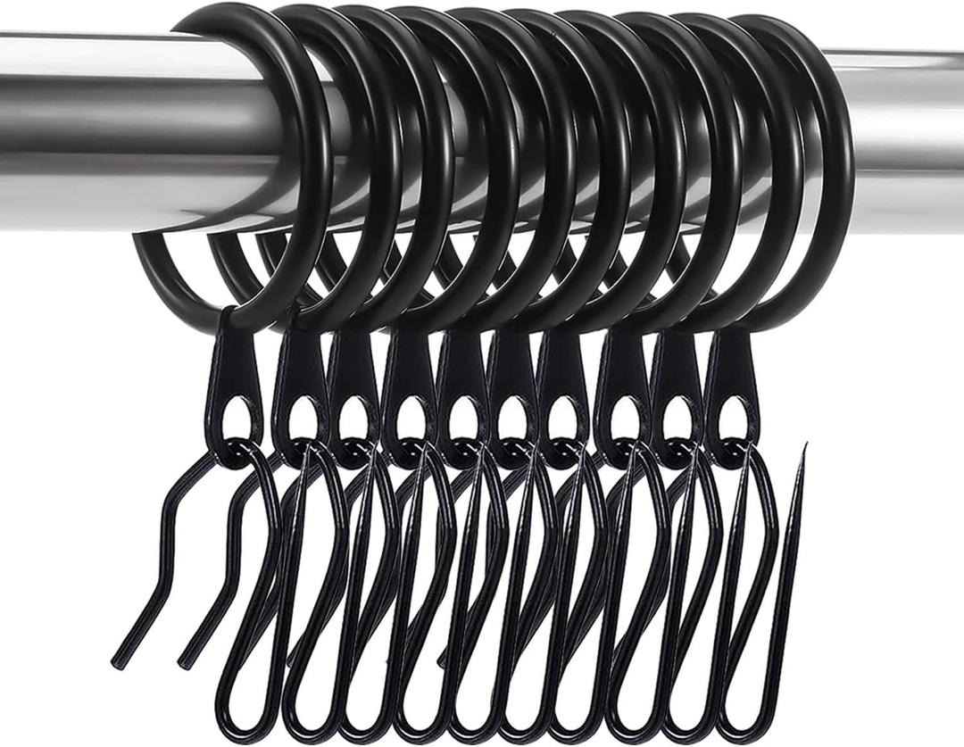 60 Pieces Metal Drapery Curtain Rings Curtain Hanging Rings and 60 Pieces Metal Curtain Drapery Pin Hooks for Window Curtain, Door Curtain and Shower Curtain (Black)
