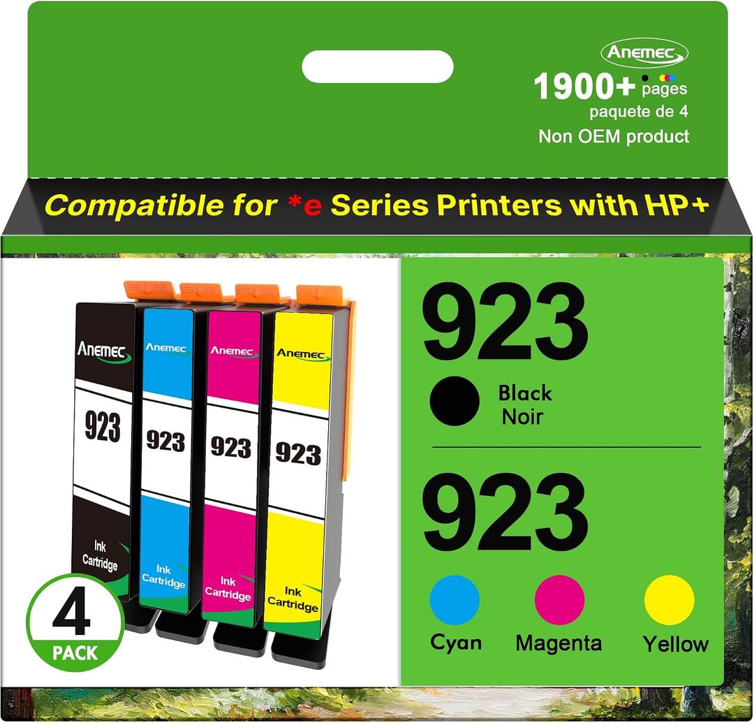 Compatible Ink Cartridges Replacement for HP 923 Ink Cartridges, (Without Chip) 4-Pack Black Cyan Magenta Yellow, Work for OfficeJet Pro 8120e 8125e 8130e 8135e 8138e 8139e Printers