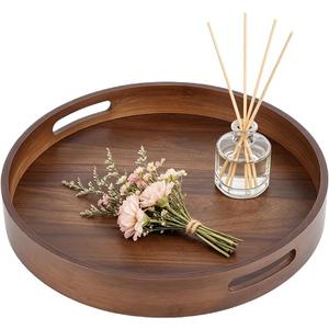 OLYCRAFT Round Wooden Serving Tray with Handles 13.8 Inch Round Decorative Tray Wooden Coffee Table Trays Vintage Brown Decorative Trays for Coffee Table Ottoman Kitchen Counter Bathroom