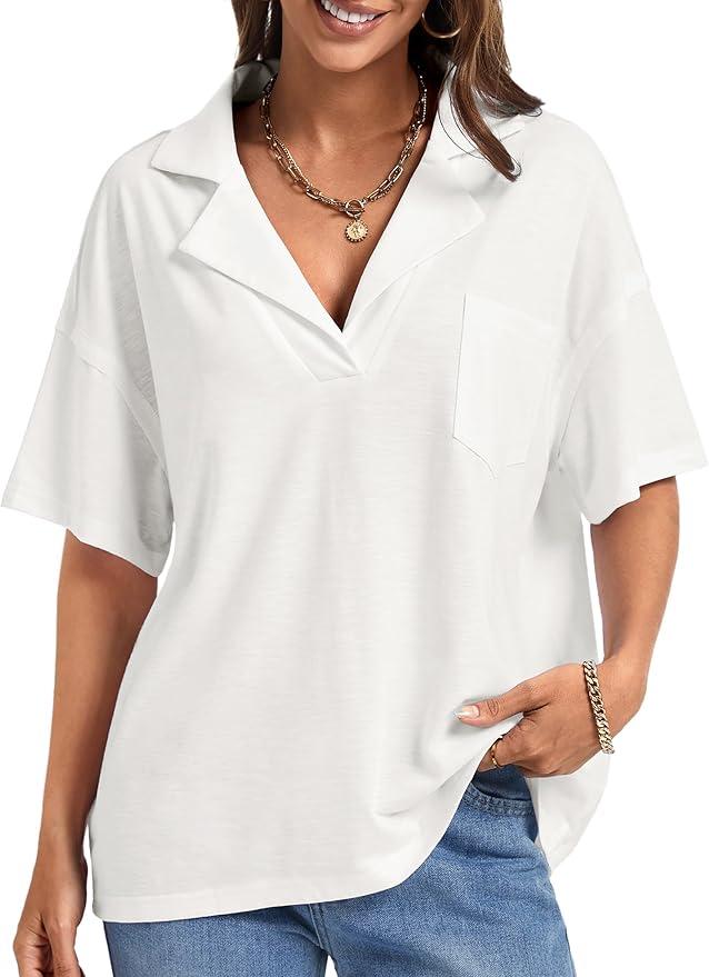 LilyCoco Womens V Neck Collared Shirt Casual Summer Short Sleeve Loose Fit T Shirts White Large
