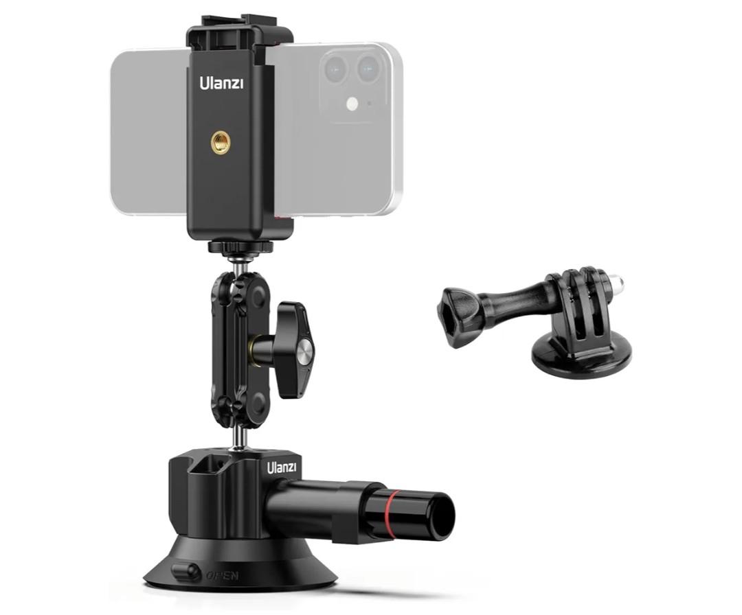 UURig SC-01 Suction Mount 3" for Vlogging Action Camera Car w Smartphone Clamp Compatible with DJI OSMO Pocket 3/OSMO 360/Insta 360 x5/Xtra/iPhone 17 16 15 14Pro Max, 1/4" Magic Arm Windshield Window