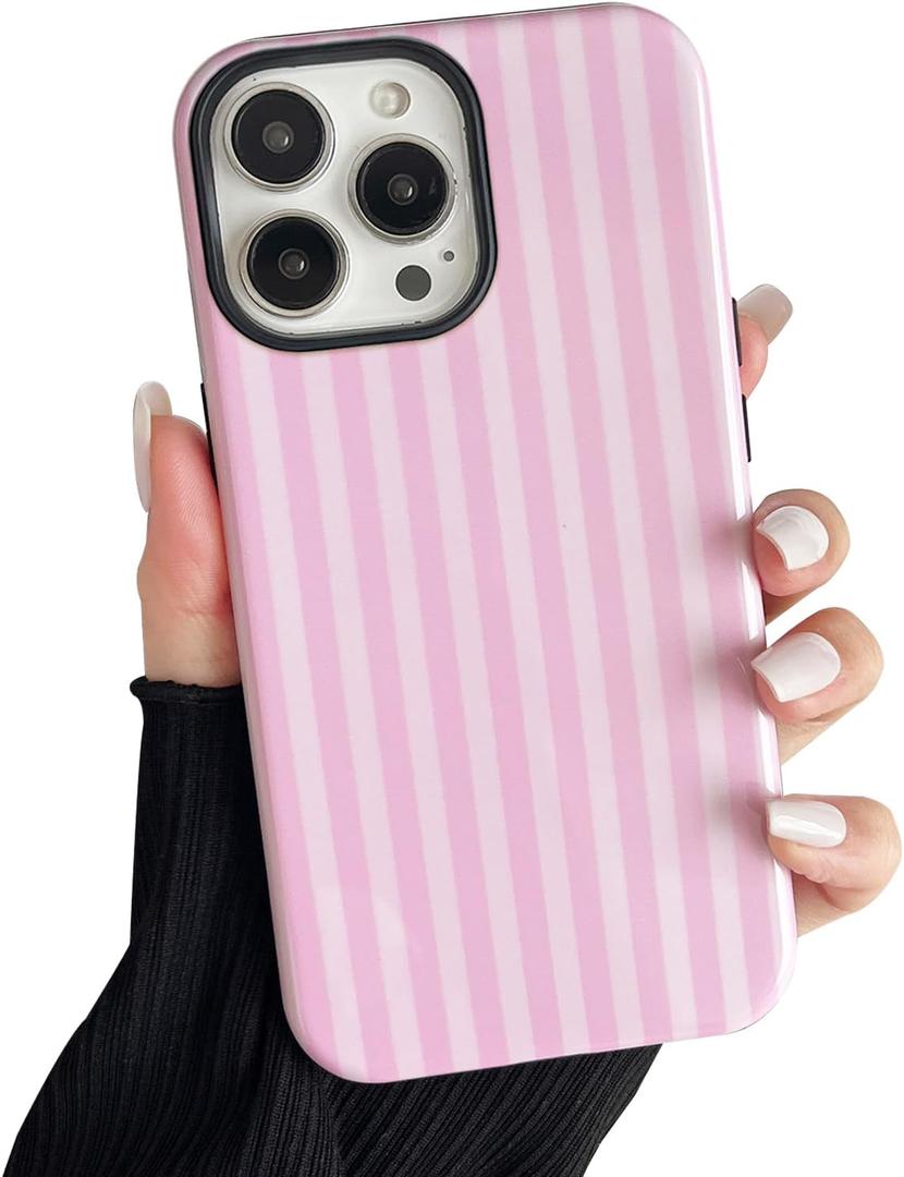 Compatible with iPhone 15 Pro Case, Cute Fashion Aesthetic Striped Pattern Cover for Women, Shockproof Soft TPU and Hard PC Protective Phone Case for iPhone 15 Pro 6.1"- Pink