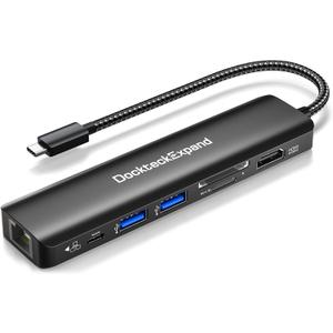 USB C Hub Multiport Adapter, DockteckExpand USB C Dongle 7 in 1 with 4K 60Hz HDMI Port, 1Gbps Ethernet, 100W PD, 2 USB 3.0 Ports, SD/TF Card Reader for MacBook iPad HP Dell XPS and More