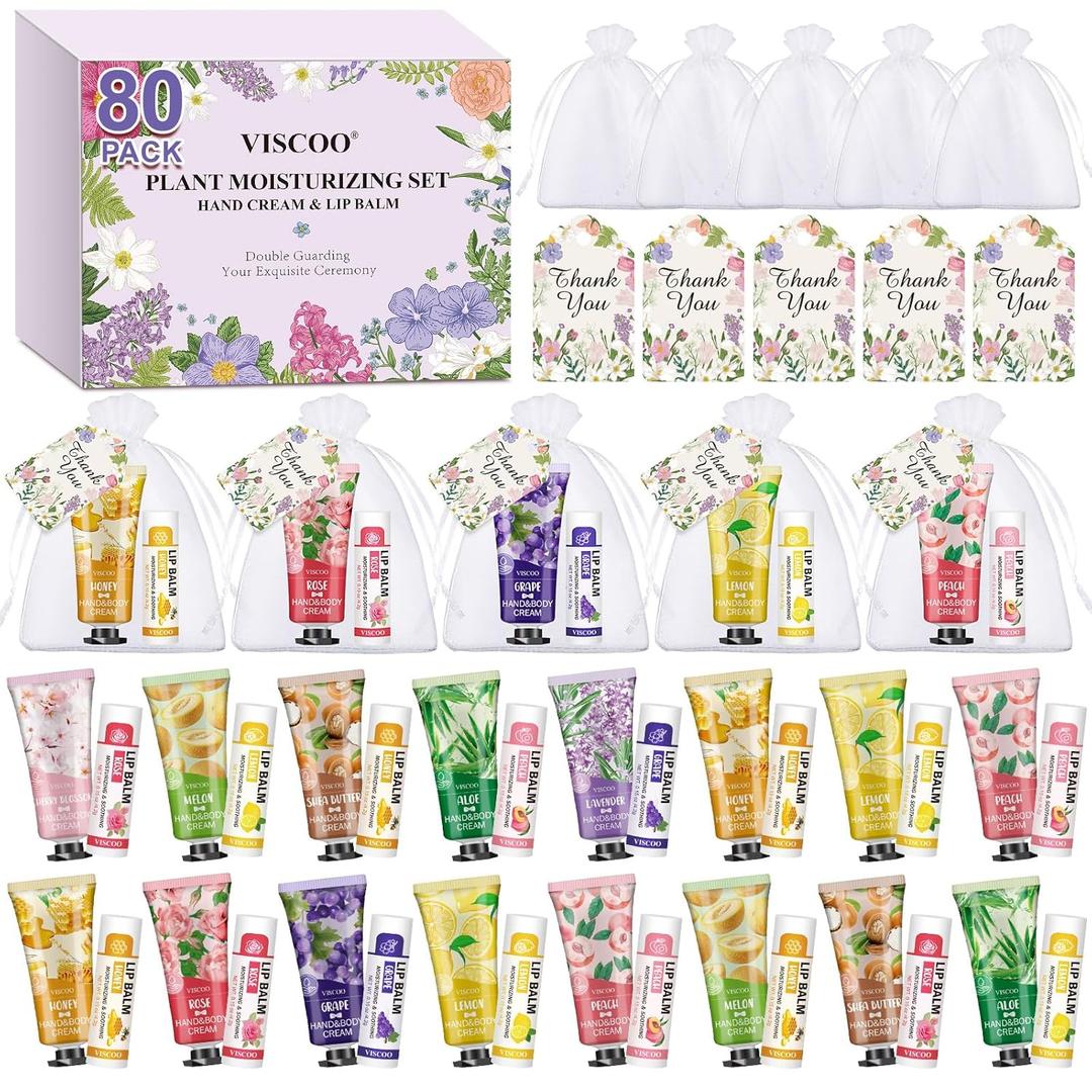 VISCOO 80 Pack Bulk Lip Balm and Hand Cream Set, Teacher Appreciation Gifts /Graduation Gifts, Nurses Week Gift, Thank You Bridal Wedding Favors for Guests, Small Gift for Women Birthday