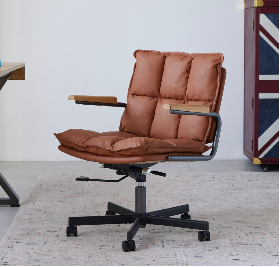Home Office Desk Chair, Leather Ergonomic Computer Chair with Wheels and Oak Arms, Adjustable Height Rolling Swivel Executive Chair, Rust Brown, 18.1" x 25.6" x 25.2" x 38.2"
